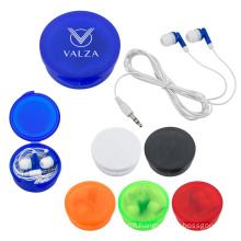 innovated gift cheap classic brand logo compact pocket size 1.2 m cable in-ear cellphone earbud in circle shaped case packed